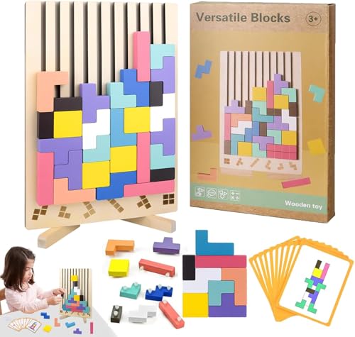 Tetris Holzpuzzle Kinder, Lernspielzeug Holzpuzzle 3D Tetris mit 10 Karten, 3D Bunt Tetris Blöcke Stapelspiel mit Halterung, Montessori Spielzeug ab 3 Jahre, Geschenk für Jungen und Mädchen (A) von Ferakum