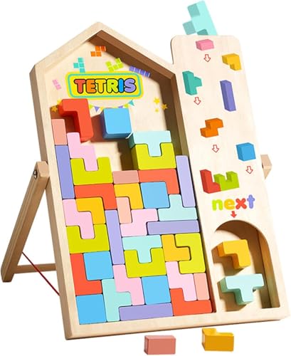 Tetris Holzpuzzle Kinder, Lernspielzeug Holzpuzzle 3D Tetris mit 10 Karten, 3D Bunt Tetris Blöcke Stapelspiel mit Halterung, Montessori Spielzeug ab 3 Jahre, Geschenk für Jungen und Mädchen (B) von Ferakum
