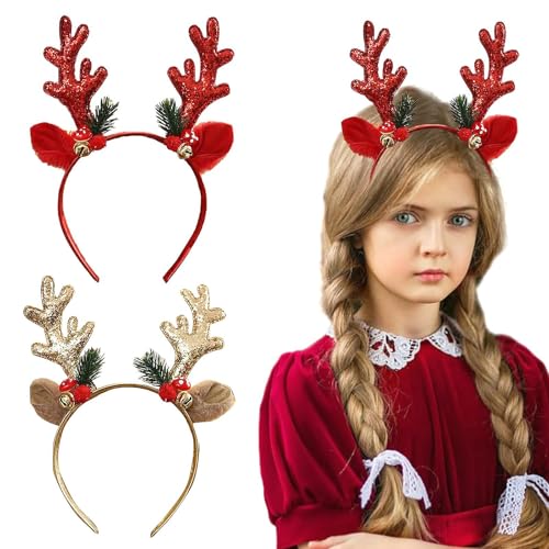 Ferizzia 2 Stück Rentier Haarreif Weihnachten, Rentiergeweih-Stirnband mit Hirschohren, Tiara mit Hirschohren und Geweih, für Erwachsene und Kinder, für Weihnachten, Karneval, Fasching, Mottoparty von Ferizzia