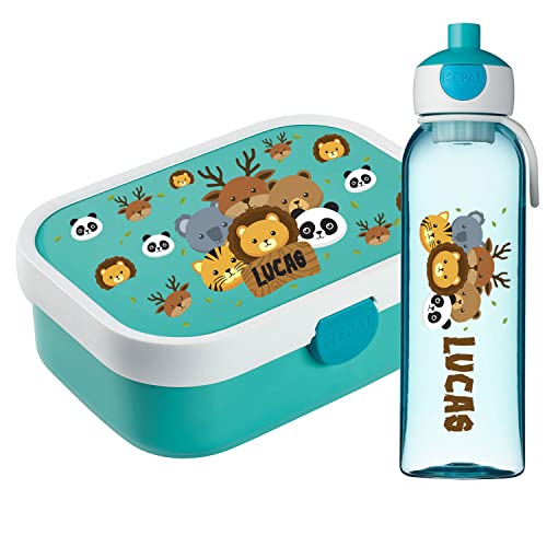 Ferocity Lunchbox Set für Kinder Jungen zur Schule Personalisiert mit Namen Brotdose Wasserflasche Trinkflasche BPA frei Essen für Unterwegs mit Gabel und Bento Fach to Go Animals [153] von Ferocity