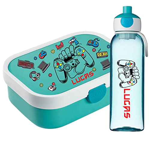 Ferocity Lunchbox Set für Kinder Jungen zur Schule Personalisiert mit Namen Brotdose Wasserflasche Trinkflasche BPA frei Essen für Unterwegs mit Gabel und Bento Fach to Go Gamer [153] von Ferocity