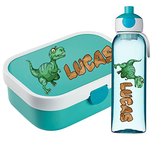 Ferocity Lunchbox Set für Kinder Jungen zur Schule Personalisiert mit Namen Brotdose Wasserflasche Trinkflasche BPA frei Essen für Unterwegs mit Gabel und Bento Fach to Go T-Rex [153] von Ferocity