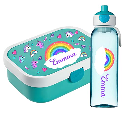 Ferocity Lunchbox Set für Kinder Mädchen zur Schule Personalisiert mit Namen Brotdose Wasserflasche Trinkflasche BPA frei Essen für Unterwegs mit Gabel und Bento Fach to Go Rainbow [153] von Ferocity