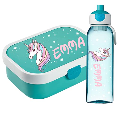 Ferocity Lunchbox Set für Kinder Mädchen zur Schule Personalisiert mit Namen Brotdose Wasserflasche Trinkflasche BPA frei Essen für Unterwegs mit Gabel und Bento Fach to Go Shiny Unicorn [153] von Ferocity