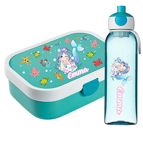 Lunchbox Set für Kinder Mädchen zur Schule Personalisiert mit Namen Brotdose Wasserflasche Trinkflasche BPA frei Essen für Unterwegs mit Gabel und Bento Fach to Go Mermaid [153] von Ferocity