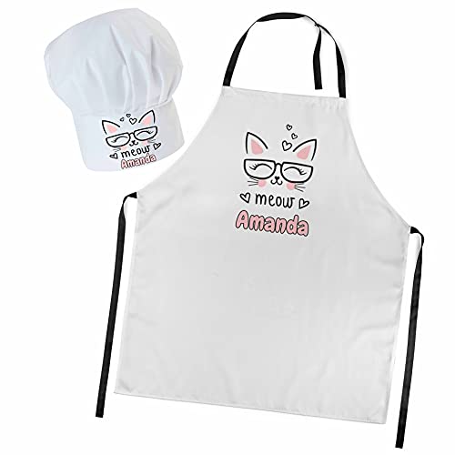 Personalisierte Kochmütze + Kochschürze Set 2tlg. Für Kinder Jungen und Mädchen Weiß Kochhaube Schürze mit Ihrem Namen Klettverschluss Miau [099] von Ferocity