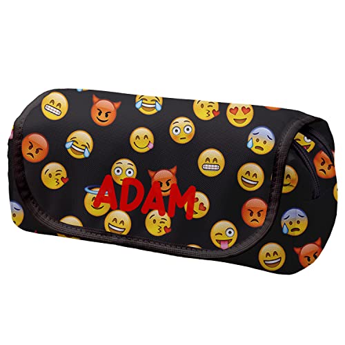 Personalisierte Mäppchen Federtasche mit Namen Schlamperbox Federmäppchen mit Klettverschluss Klappe Schüleretui Stiftemappe mit zwei Reißverschlüssen Emoji Black [151] von Ferocity