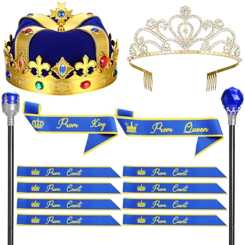 Ferreve 14-teiliges Diadem-Set mit 2 König und Königin-Schärpen, 8 Hofschärpen, 2 Zepterkönig und 2 Königin-Tiara für Männer und Frauen, 80er Jahre, Hochzeit, Abschlussfeier, Heimkehr-Party, Blau von Ferreve