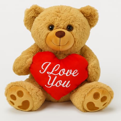 Ferro Stars Teddy Plüschbär mit Herz Rot - I Love You - 30 cm - Teddybär Plüschteddy Kuscheltier Valentinstag (Teddybär braun 32cm) von Ferro Stars