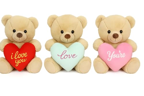 VALENTINSTAG Bester Plüschtier Geschenk Stitch Ohren mit Herzen und plastisch geformter Blume,teddybär 3 stück mit Herz im i love you Kuscheltier 32cm 30cm 16cm (Teddybär braun 3x stück 30cm) von Ferro Stars