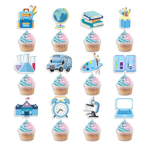 Fesnova 12 Stück Tortendeko Schulanfang Blau, Back to School Cupcake Topper, Schulanfangs Kuchenaufsatz, Schuleingangsdekoration für Jungen, Mädchen, Willkommensparty von Fesnova
