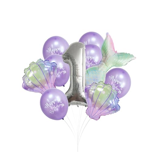 Fesnova 32 Zoll Silberne Luftballons mit der Zahl 1, 10 Meerjungfrauen Luftballons für die 1. Geburtstagsparty von Mädchen, Meerjungfrauenschwanz Dekorationen, Lila (Nummer 1) von Fesnova
