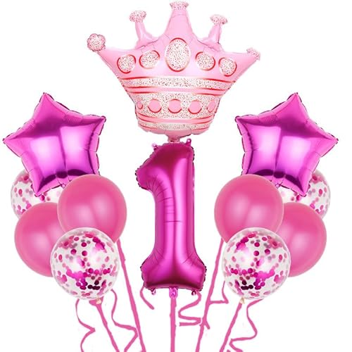 Fesnova 12 Stück Rosa Geburtstagsdeko, 32 Zoll rosa Ballon mit der Zahl 1, Geburtstagsparty von Mädchen, Luftballon 1. Geburtstag, Folienballons in Kronenform, (Nummer 1). von Fesnova