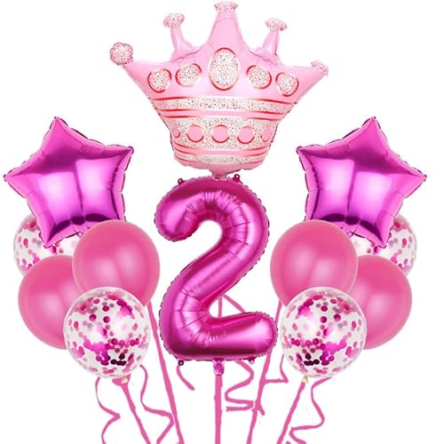 Fesnova 12 StückRosa Dekorationen zum 2. Geburtstag, 32 Zoll rosa Ballon mit der Zahl 2, Dekorationszubehör für die Geburtstagsparty von Mädchen, Folienballons in Kronenform, (Nummer 2). von Fesnova