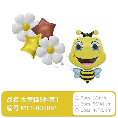 Fesnova Bienen-Folienballon-Set, 5-teilig, 18 Zoll Biene mit Gänseblümchen, 50x41 cm Sterne, 48x75 cm Herz, Gelb und Braun von Fesnova