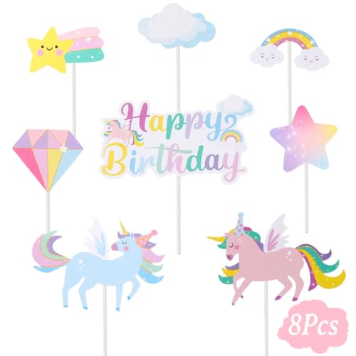 Fesnova Einhorn Tortendeko Set,Tortendeko Einhorn Regenbogen Kuchen Topper mit Happy Birthday Banner,Pastell Farben für Kinder Mädchen Frauen Geburtstag Party von Fesnova
