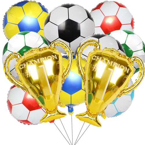 Fesnova 12 Stück Fussball Luftballon und große Meisterpokal Ballons, 18 Zoll Folienballon Fussball, für Deko Fussball Geburtstag Kinder, Geburtstag Sport Fußballthema, Fußballfan Party, WM Zubehör von Fesnova