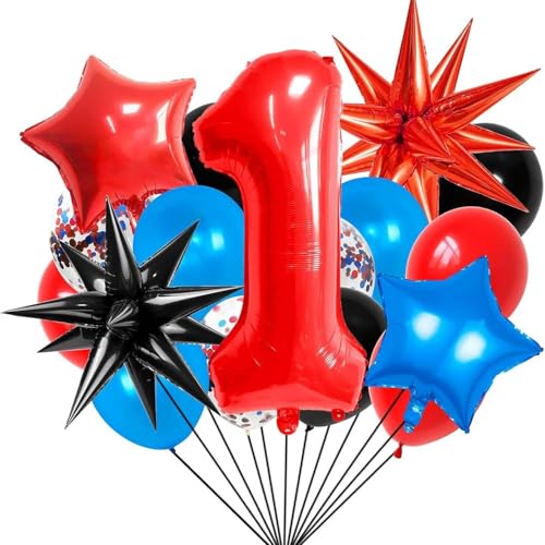 Fesnova Geburtstagsballon-Set mit der Zahl 1, Rot Blau Schwarz, Stern- und Konfetti-Design, 17 Stück, Party Dekoration von Fesnova