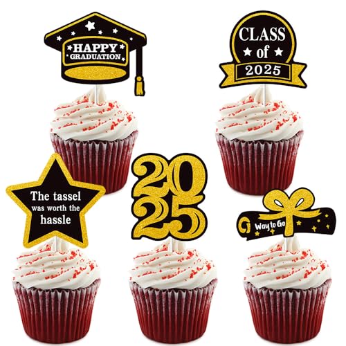 Fesnova Glitzernd Schwarz Gold Cupcake-Topper zum Schulabschluss,Graduation Deko,Bachelor Deko,Graduation,Abschluss Deko,2025 Grad Cap Kuchen Dekorationen für Abschlussfeierzubehör von Fesnova