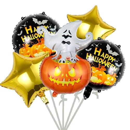 Fesnova Halloween Luftballons Set,Folienballon 5 Stück,Kürbis,Geist und Sternmotive,Gold und Orange,für Bars,Gruselige Partydekorationen Gruselparty,Kindergeburtstag,Mottoparty,Monsterparty von Fesnova