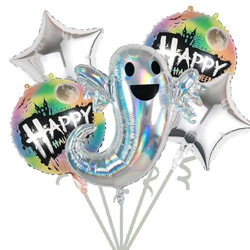 Fesnova Halloween Folienballon-Set, Holographischer Geist mit Happy Halloween Rundballons und Sternen, 5-teilig von Fesnova
