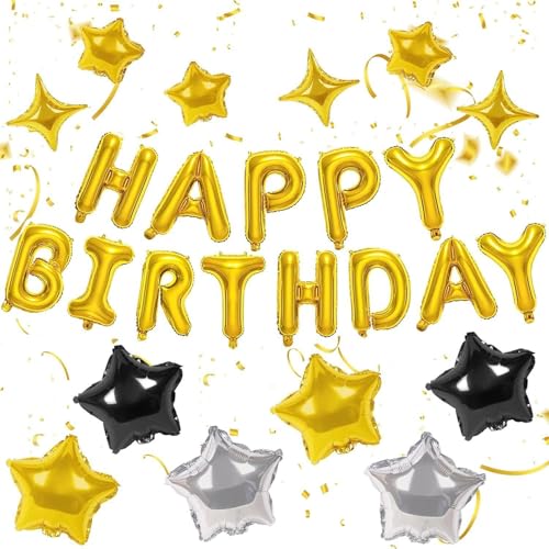 Fesnova Happy Birthday Folienballon Set, Gold Buchstaben, Stern Ballons in Gold, Silber und Schwarz, Geburtstag Dekoration von Fesnova