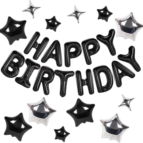 Fesnova Happy Birthday Luftballon-Girlande Set, Schwarz und Silber, Buchstaben-Folienballons mit Stern-Dekoration von Fesnova