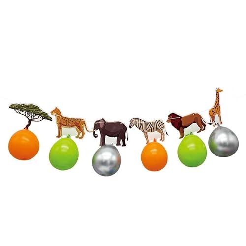 Fesnova Safari Geburtstag Deko Tier Party Girlande mit Ballons,Papier Wimpelkette mit Leopard,Elefant, Zebra, Löwe, Giraffe für Waldtiere Geburtstag Deko,Safari Deko,Orange/Grün/Silber von Fesnova