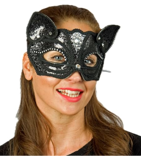 Festartikel-Müller Elegante Schwarze Spitzen-Katzenmaske mit Pailletten und Kristallen, Venezianischer Maskenball-Stil, Kostüm-Accessoire von Festartikel-Müller