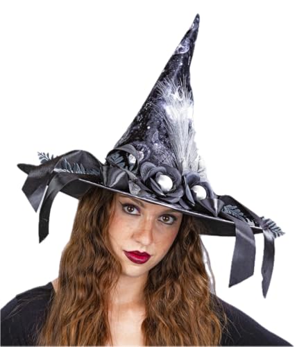 Festartikel-Müller Luxuriöser Hexenhut für Halloween, Schwarz mit Blumendekoration und Federn, Eleganter Kostümhut von Festartikel-Müller