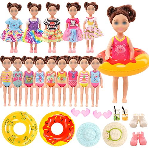 Festfun Kleidung für Puppen 19 Puppenkleidung enthält 6 Badeanzug 3 Kleider 10 Zubehör Schwimmring Hut Schuhe für 6 Zoll 15 cm Mädchen Puppen Zufällig Verschickt von Festfun