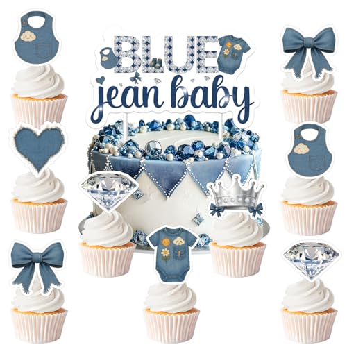Cupcake-Topper für Babypartys, Denim- und Diamanten, blaue Jean-Baby-Party-Dekorationen, Boho, rustikale Cupcake-Picks, Foto-Requisiten, 25 Stück von Festiblast