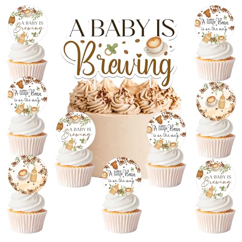 Cupcake-Topper für Babypartys, mit Aufschrift "A Baby is Brewing" (in englischer Sprache) "A Little Bean Is On The Way", Cupcake-Aufsatz, Kaffee-Thema, Kuchenspieße, doppelseitiger Druck, braun für von Festiblast