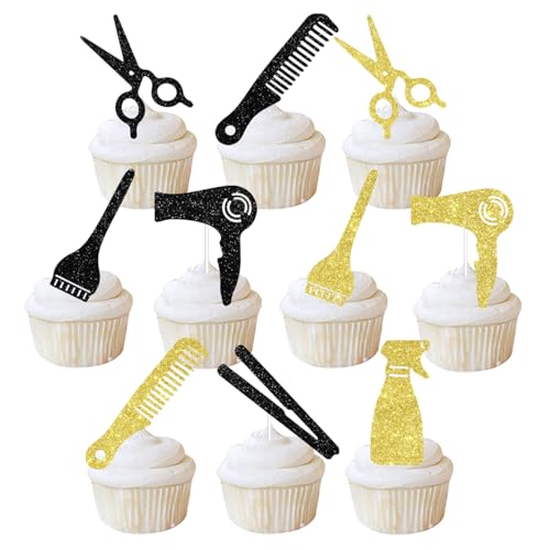 Cupcake-Topper für Friseure, Schwarz und Gold, Glitzer, Cupcake-Picks, Kuchendekorationen für Friseursalon/Brautparty, Geburtstag/Ruhestandsparty, Friseur-Party-Dekorationen, 36 Stück Cupcake-Topper für Friseure, Schwarz und Gold, Glitzer, Cupcake-Picks, Kuchendekorationen für Friseursalon/Brautparty, Geburtstag/Ruhestandsparty, Friseur-Party-Dekorationen, 36 Stück von Festiblast