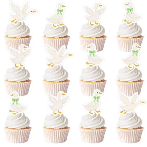 Cupcake-Topper für den 1. Geburtstag, Motiv: Gans, weiße Gänse, grüne Schleife, Cupcake-Picks, Bauernhof-Tier-Thema, Kuchendekoration für lustige Enten-Bday-Bday-Baby-Partys, 36 Stück Cupcake-Topper für den 1. Geburtstag, Motiv: Gans, weiße Gänse, grüne Schleife, Cupcake-Picks, Bauernhof-Tier-Thema, Kuchendekoration für lustige Enten-Bday-Bday-Baby-Partys, 36 Stück von Festiblast