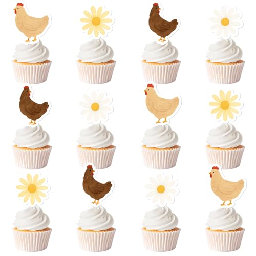 Cupcake-Topper mit Hühner-Motiv, für Geburtstagspartys, Bauernhof-Tiere, Barnyard Little Chick Henne Kuchendekoration für Mädchen, 1., 2., 3. Geburtstag, 24 Stück von Festiblast