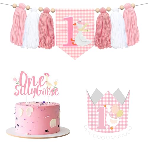 Goose 1st Birthday Decorations, One Silly Goose High Chair Banner Geese Theme Crown Cake Topper Set Pink Gingham Style 1st Birthday Decoration for Girls First Bday Supplies Photo Props Cake Smash von Festiblast