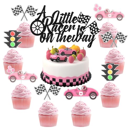 Kuchendekoration "A Little Racer Is on the Way", Rennwagen-Flagge, Ampel, Cupcake-Picks für Mädchen, "Let's Go", Sportthema, Babyparty-Zubehör, 13 Stück von Festiblast