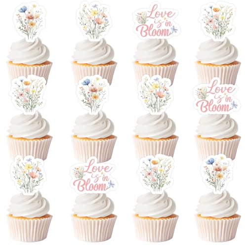 Love Is In Bloom Brautparty-Dekorationen, 36 Stück, florales Wildblumen-Thema, Cupcake-Topper, rosa Blume, doppelseitiger Druck, Cupcake-Picks, Blüte, Brautparty, Dekoration für von Festiblast
