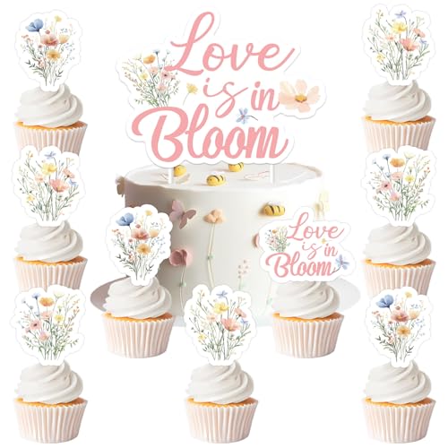 Love Is In Bloom Brautparty-Dekorationen – 25 Stück Kuchen- und Cupcake-Topper mit floralem Wildblumen-Motiv, doppelseitiger Druck, Blume, Love Is In Bloom, Kuchenspieße für Frauen von Festiblast