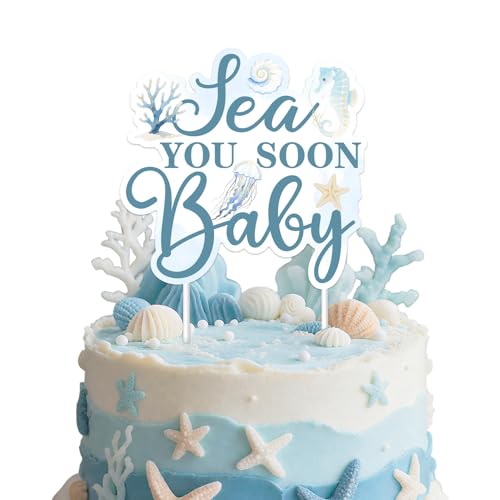 Meer Sie bald Baby Kuchen Topper Blauer Ozean Thema Willkommen Baby Kuchen Pick Seepferd Seesterne Ozean Tiere Kuchen Dekoration für Unter dem Meer Dusche Zubehör von Festiblast