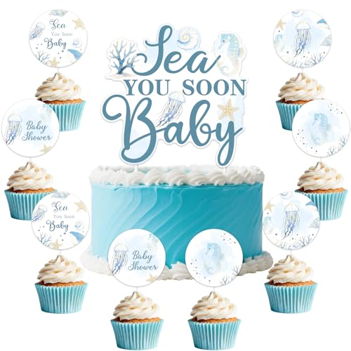 Meer Sie bald Baby Kuchen Toppers 25pcs Ocean Theme Baby Dusche Kuchen und Cupcake Toppers Whale Seahorse Ocean Tiere Dekorationen für Jungen Mädchen Unter dem Meer Dusche Zubehör von Festiblast