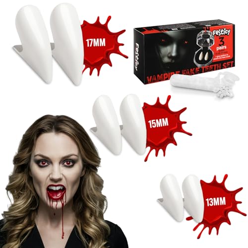 Festicy 3 auflegbare Vampirzähne Größe 13, 15 u. 17mm für Erwachsene & Kinder I Vampirgebiss für Halloween 2025 Befestigungsmaterial I Sichere Vampir Zähne Erwachsene Kinder I Dracula Zähne Festicy 3 auflegbare Vampirzähne Größe 13, 15 u. 17mm für Erwachsene & Kinder I Vampirgebiss für Halloween 2025 Befestigungsmaterial I Sichere Vampir Zähne Erwachsene Kinder I Dracula Zähne von Festicy