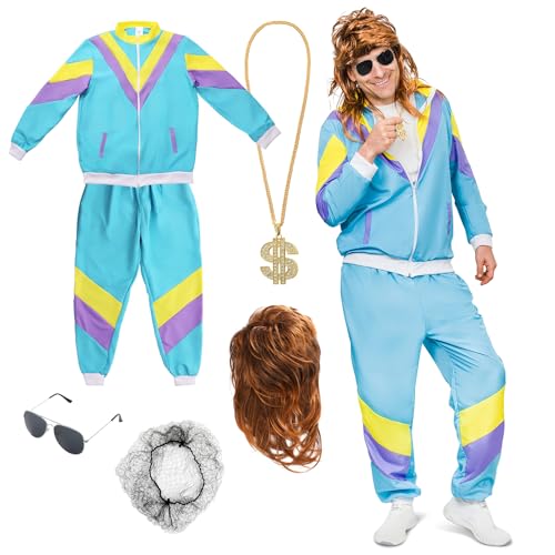 Festicy 80er Jahre Kostüm Herren und Damen I Größe L mit 80er Jahre Accessoires I Retro Trainingsjacke, Hose, Vokuhila Perücke, Goldkette und Sonnenbrille I 80er Jahre Outfit Herren 2024 von Festicy