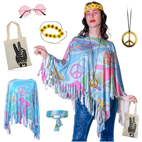 Festicy Hippie Kostüm Damen Edition 2025 mit Poncho Karneval One Size Set I Hippie Accessoires Stirnband mit Sonnenblumen, Hippie Kleidung Damen, Hippie Tasche und mehr, Faschingskostüm Hippie Damen Festicy Hippie Kostüm Damen Edition 2025 mit Poncho Karneval One Size Set I Hippie Accessoires Stirnband mit Sonnenblumen, Hippie Kleidung Damen, Hippie Tasche und mehr, Faschingskostüm Hippie Damen von Festicy