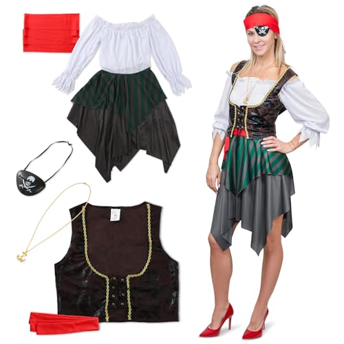 Festicy Piratenkostüm Damen Komplettes Set I Größe L I Outfit mit Kleid, Weste, Augenklappe, Gürtel & Mehr I Ideales Faschings- & Karnevalskostüm 2025 I Verwandle Dich in eine Piratin! Festicy Piratenkostüm Damen Komplettes Set I Größe L I Outfit mit Kleid, Weste, Augenklappe, Gürtel & Mehr I Ideales Faschings- & Karnevalskostüm 2025 I Verwandle Dich in eine Piratin! von Festicy