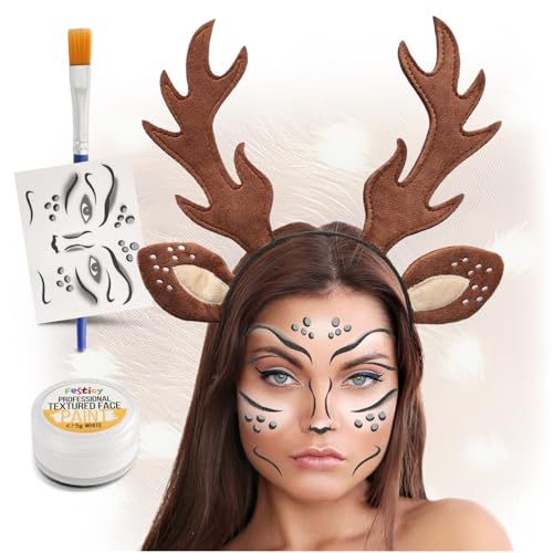 Festicy Reh Haarreif Damen Edition 2025 mit Gesichtstattoo, Schminke Weiß, Rentier Haarreif für Karneval Fasching Reh Kostüm Damen und Kinder, Reh Geweih Haarreif Karneval Zubehör für Kostüm Festicy Reh Haarreif Damen Edition 2025 mit Gesichtstattoo, Schminke Weiß, Rentier Haarreif für Karneval Fasching Reh Kostüm Damen und Kinder, Reh Geweih Haarreif Karneval Zubehör für Kostüm von Festicy