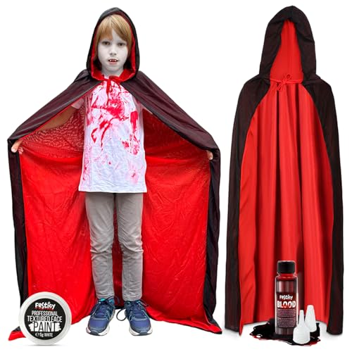 Festicy Vampir Umhang & Schminke Set I Halloween Kostüm Damen sowie Halloween Kostüm Kinder mit Vampirzähnen, Weißer Theaterschminke & 25ml Fake Blut I Ideal für Vampir Kostüm Halloween Festicy Vampir Umhang & Schminke Set I Halloween Kostüm Damen sowie Halloween Kostüm Kinder mit Vampirzähnen, Weißer Theaterschminke & 25ml Fake Blut I Ideal für Vampir Kostüm Halloween von Festicy