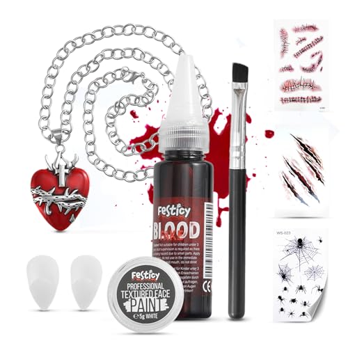 Festicy Vampir Zubehör 2025 Set I Kunstblut Halloween, Vampir Zähne, Tattoos, weiße Gesichtsfarbe mit Pinsel und Halskette I Vampir Accessoires Damen als Halloween Deko für Kinder und Erwachsene von Festicy
