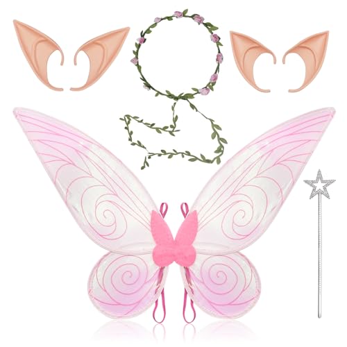 Fettwal Feenflügel Erwachsene Kinder Damen, Feen Kostüm Damen Kinder, Feen Flügel Elfen Kostüm Damen, mit 2 Paar Elfenohren, Elfengirlande, Feenflügel Kostüme, für Halloween Karneval Ostern (Rosa) Fettwal Feenflügel Erwachsene Kinder Damen, Feen Kostüm Damen Kinder, Feen Flügel Elfen Kostüm Damen, mit 2 Paar Elfenohren, Elfengirlande, Feenflügel Kostüme, für Halloween Karneval Ostern (Rosa) von Fettwal